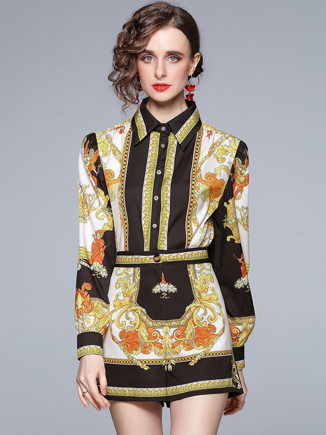 

JC Collection Women Black & Yellow Printed Top With Shorts