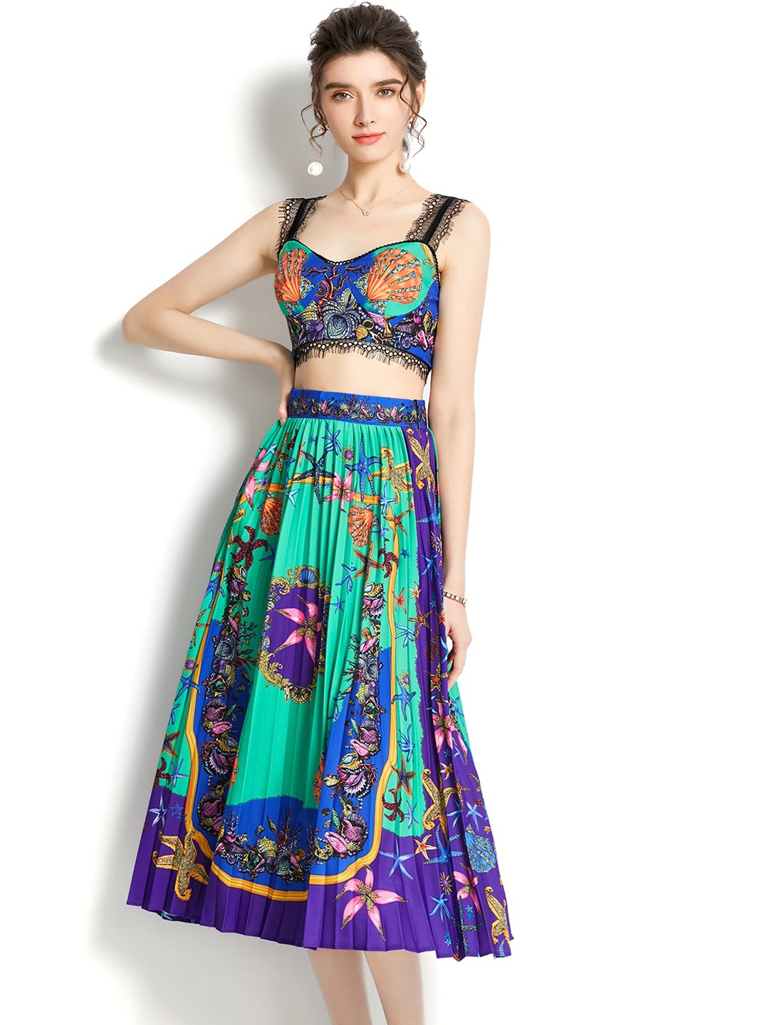 

JC Collection Women Green & Blue Printed Top With Skirt