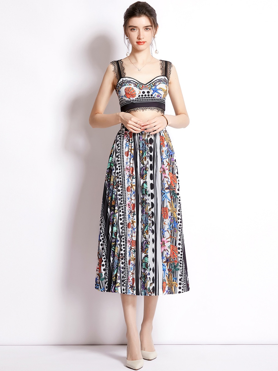 

JC Collection Women White & Black Printed Top with Skirt