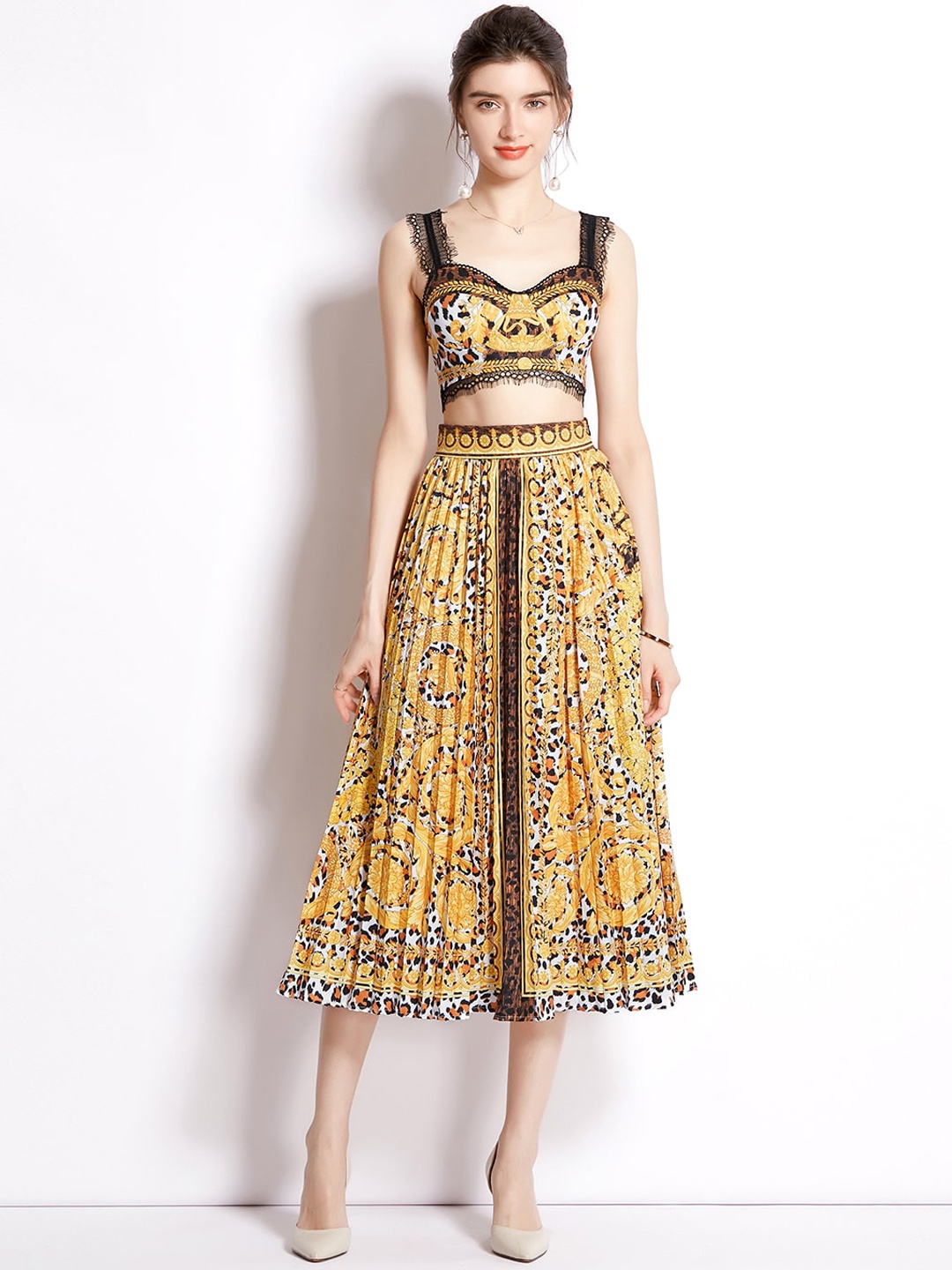 

JC Collection Women Yellow & Black Printed Crop Top & Skirt
