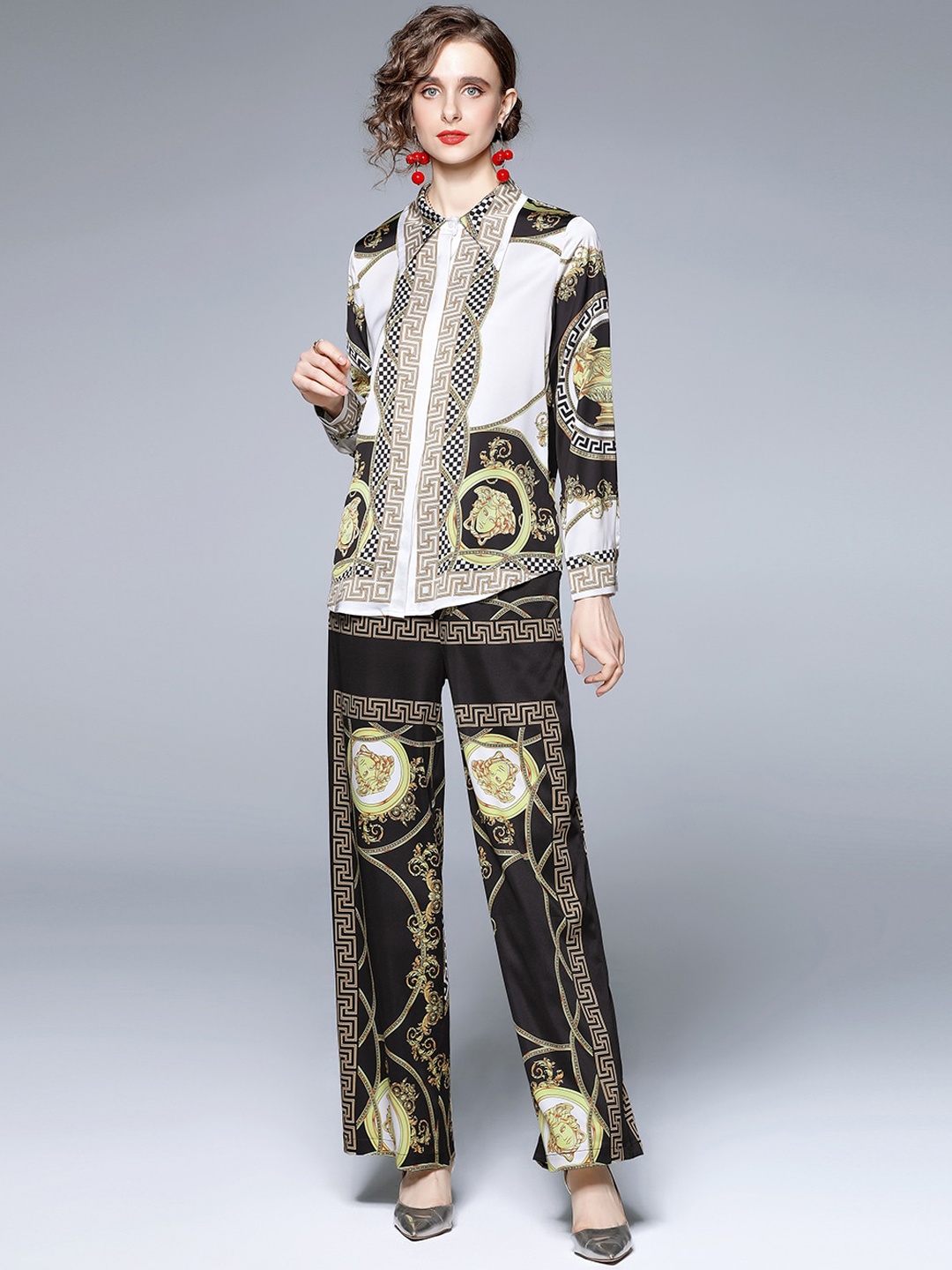 

JC Collection Women Black & White Printed Shirt with Trousers