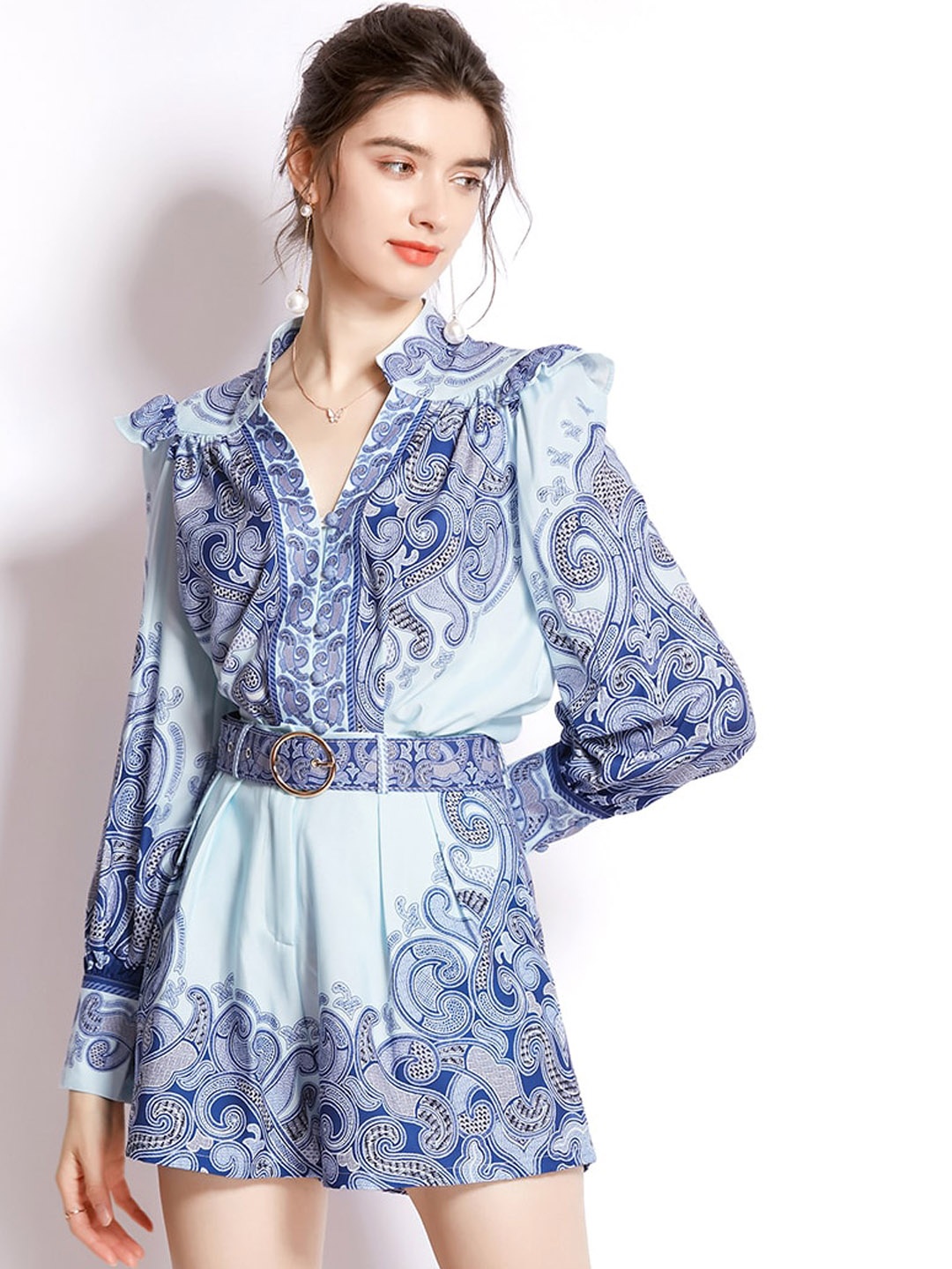 

JC Collection Blue Ethnic Motifs Printed Top & Shorts Co-ords
