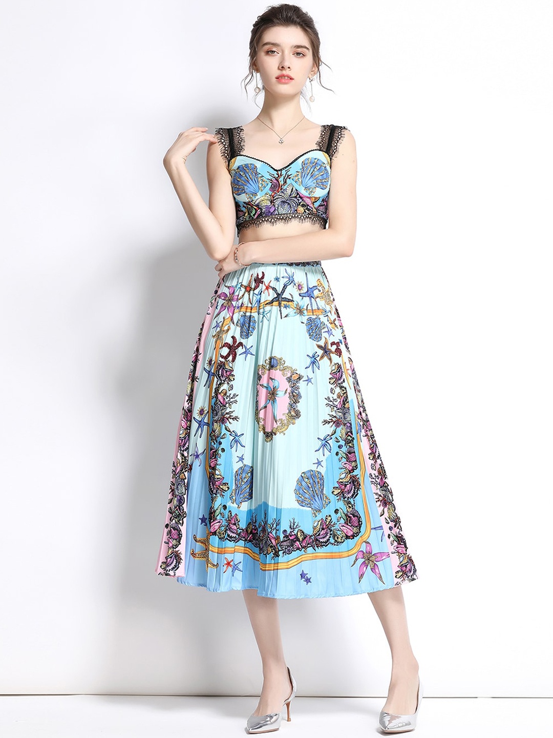

JC Collection Women Blue & Black Printed Top with Skirt