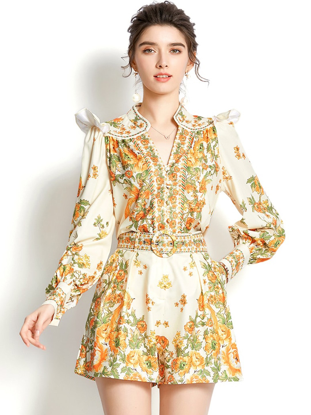 

JC Collection Cream-Coloured & Yellow Floral Printed Top & Shorts Co-ords