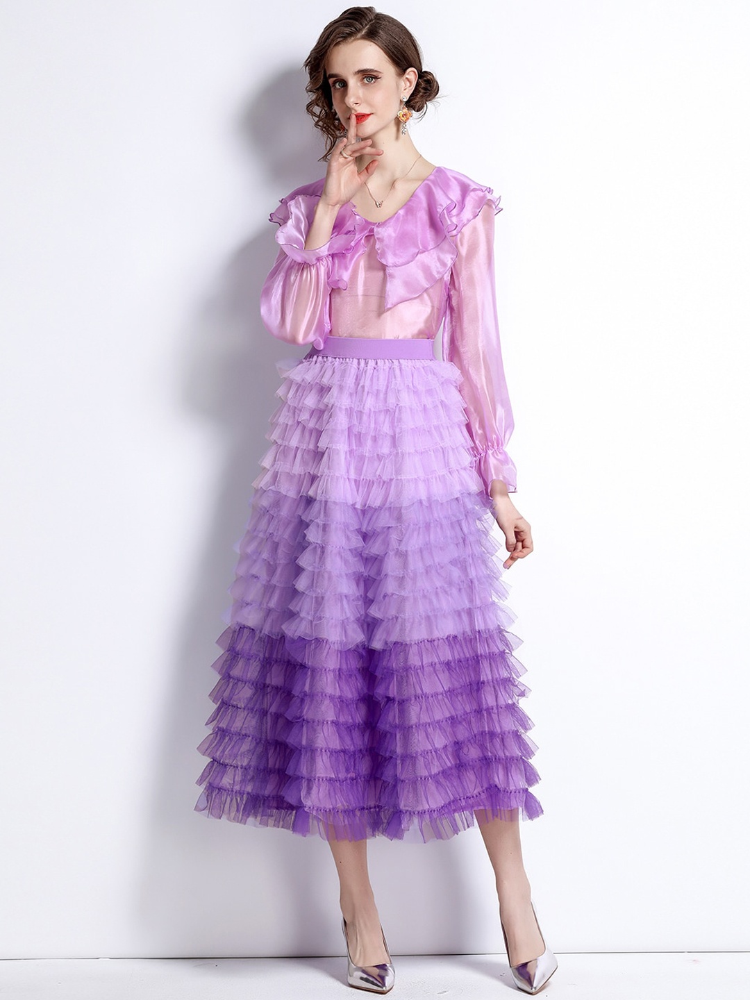 

JC Collection Women Purple Ruffled Top with Skirt