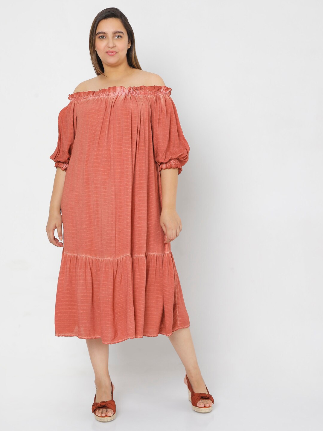 

VERO MODA CURVE Brown Off-Shoulder A-Line Midi Dress