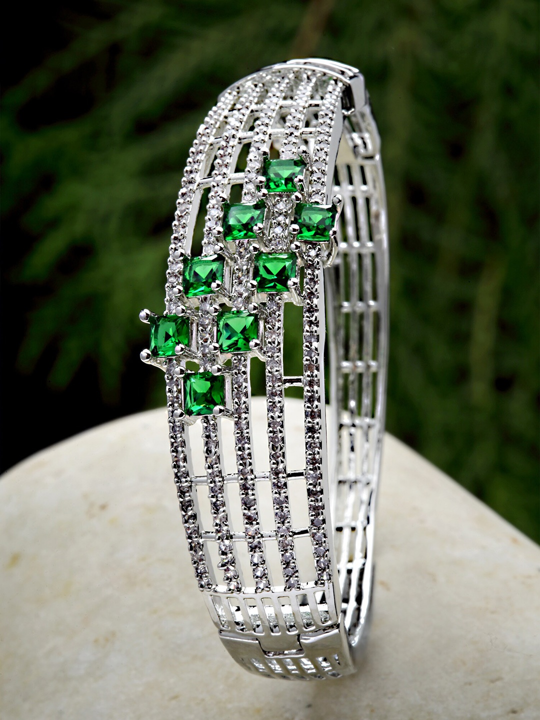 

KARATCART Silver-Toned White & Green AD Stone Studded Bangle