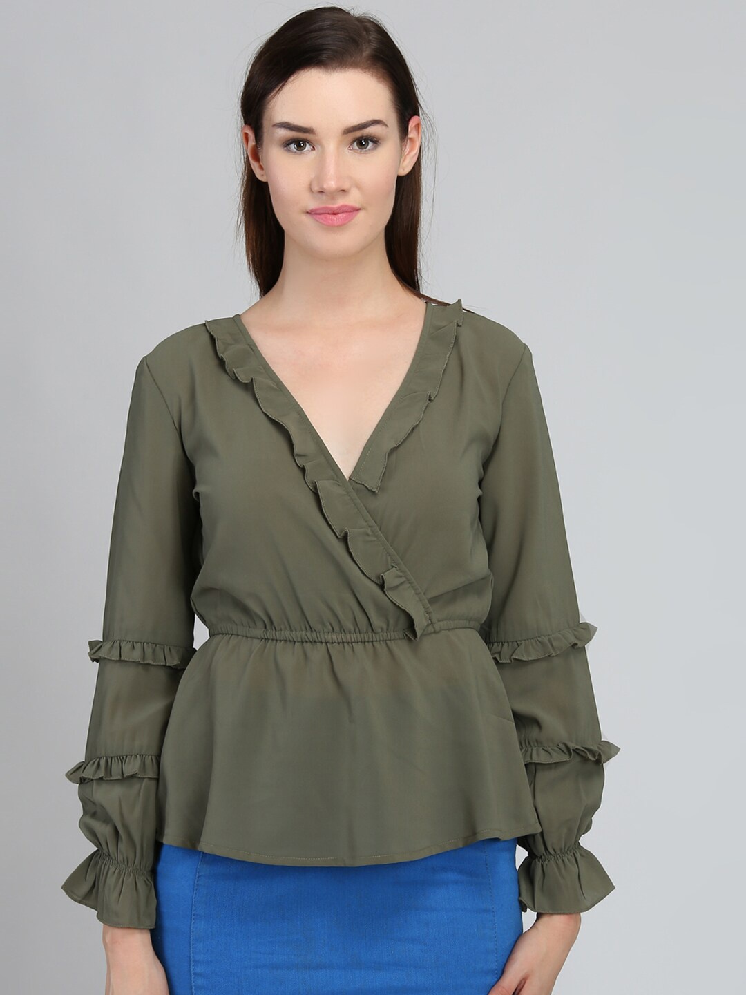 

DODO & MOA Olive Green Crepe Cinched Waist Top