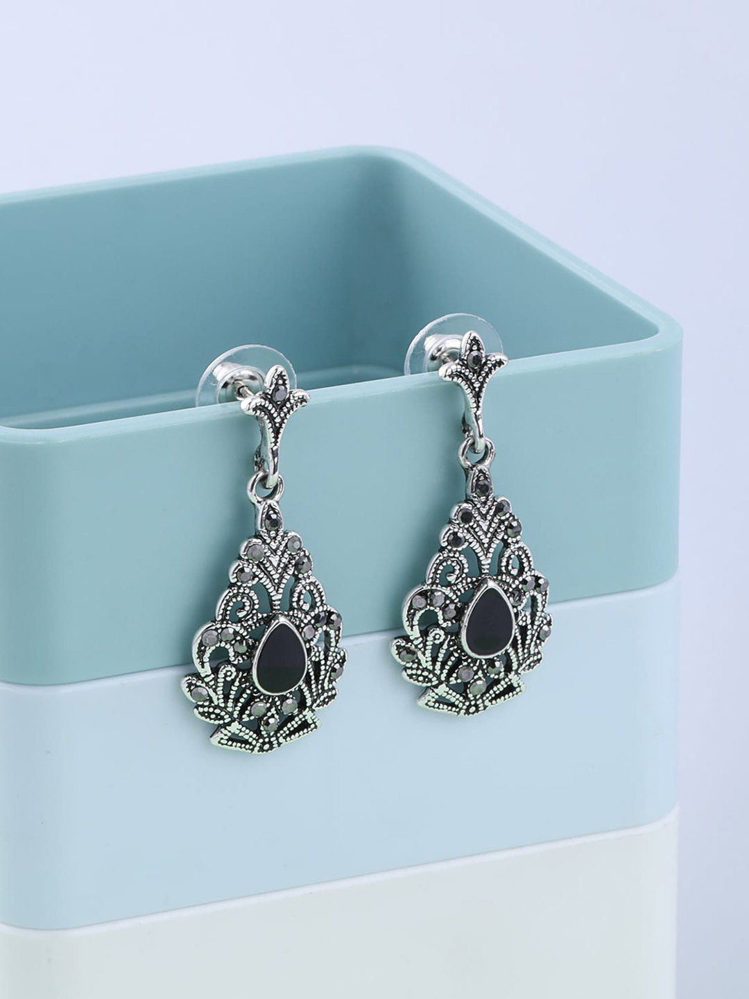 

Silver Shine Black Contemporary Jhumkas Earrings