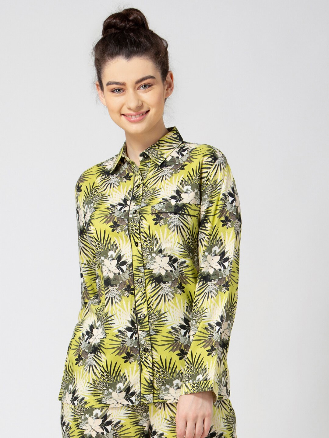 

ADORENITE Green Tropical Print Shirt Style Top