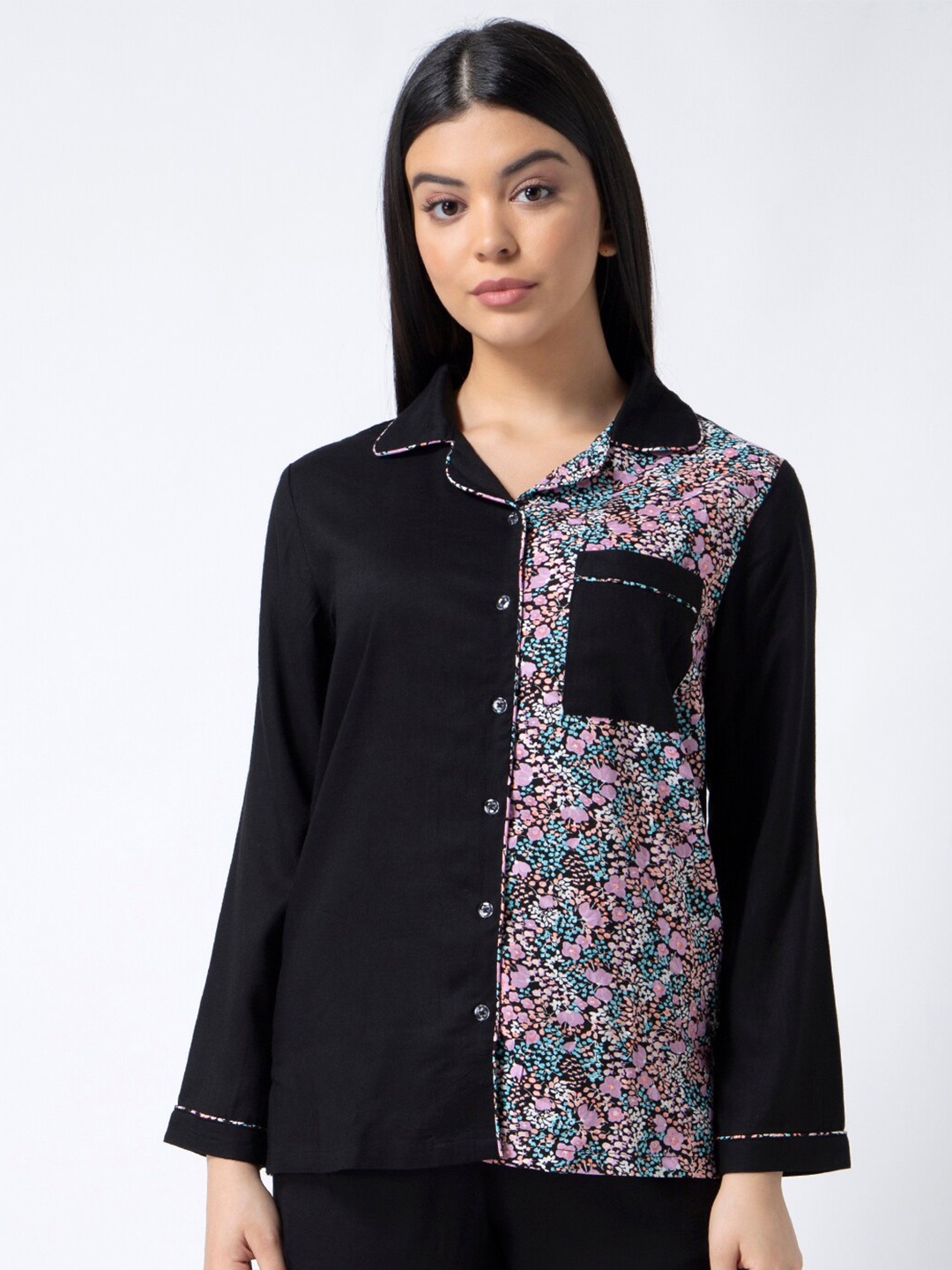 

ADORENITE Black Floral Print Shirt Style Top