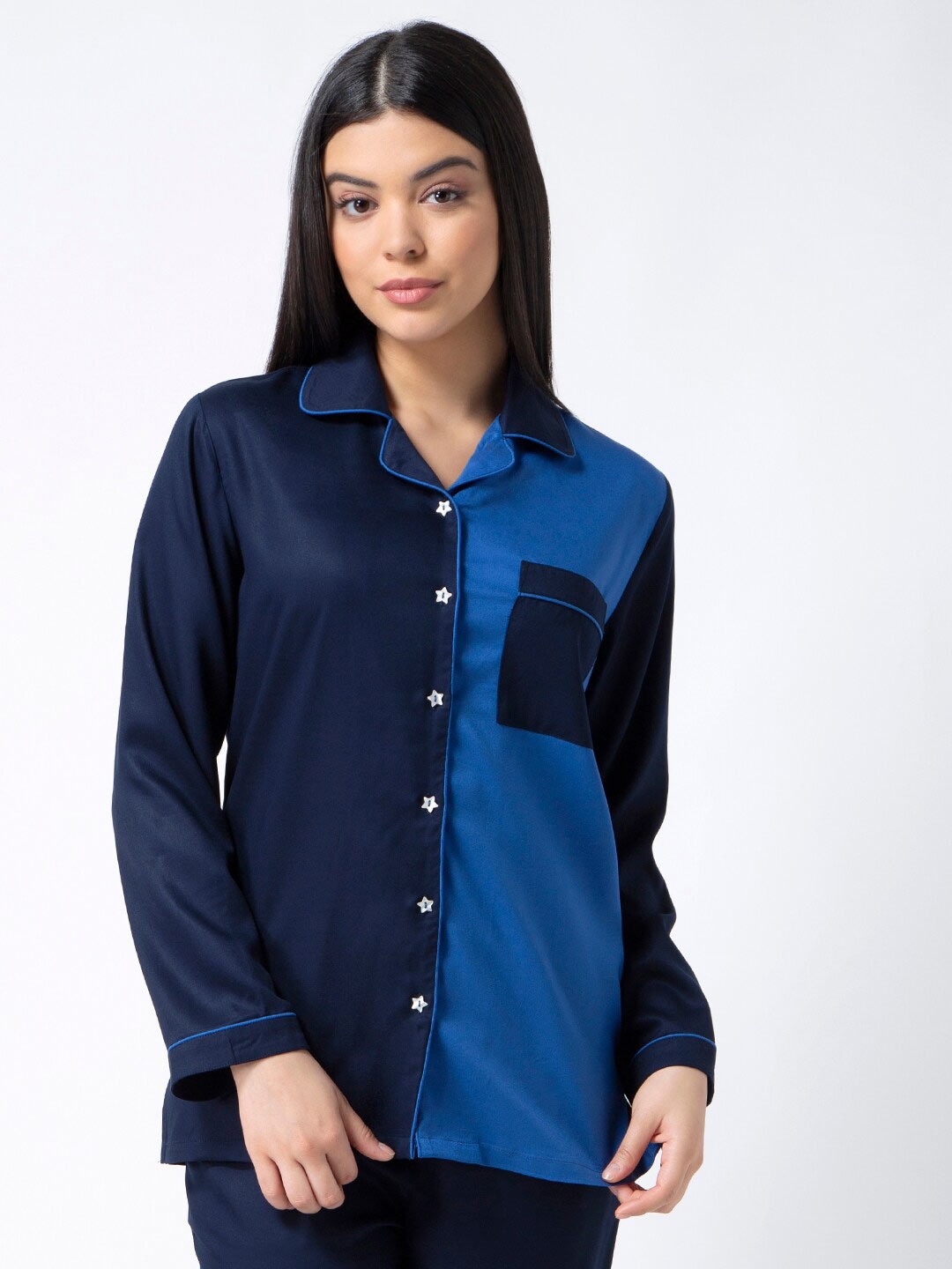 

ADORENITE Navy Blue Colourblocked Shirt Style Top