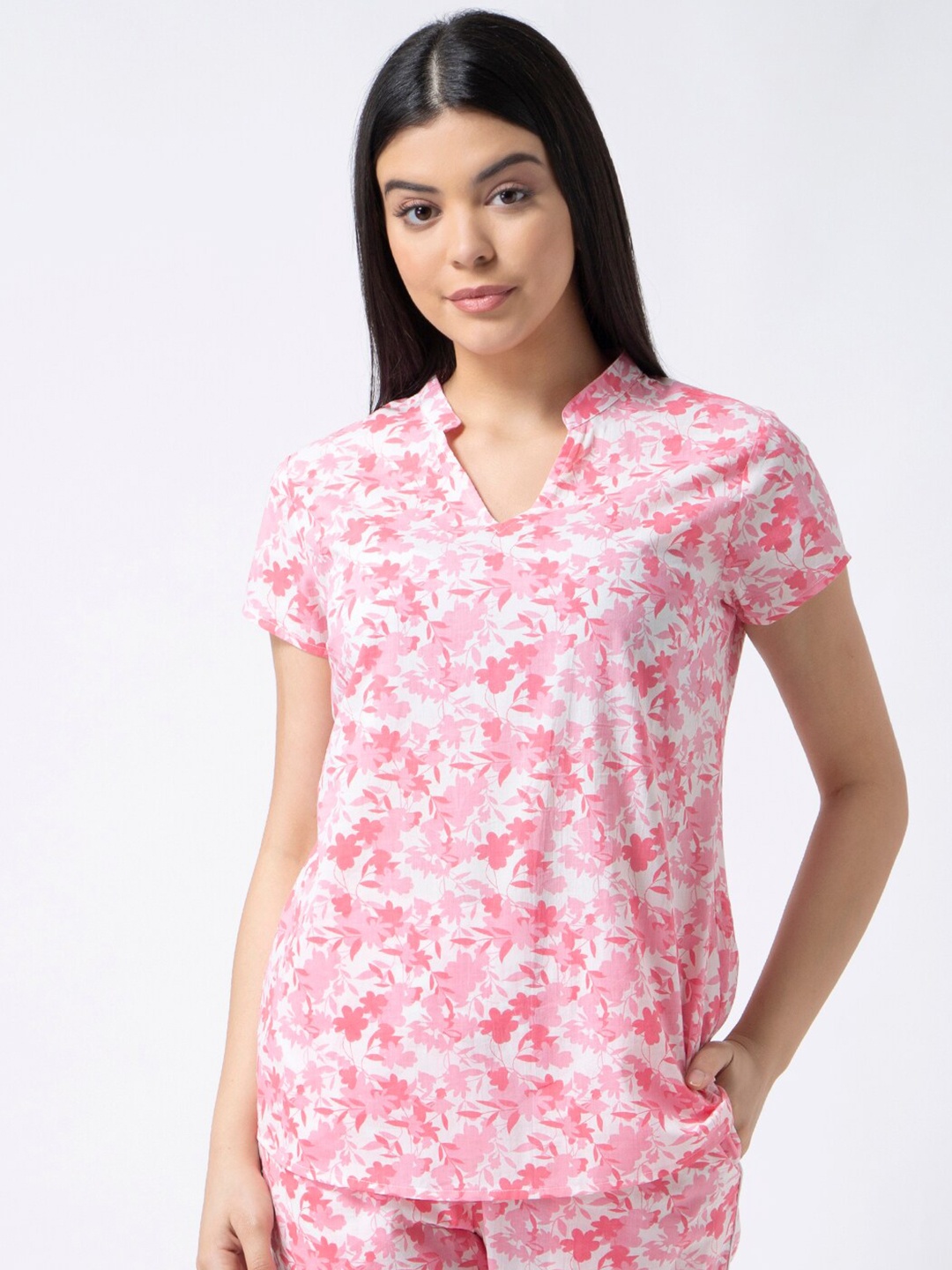 

ADORENITE Pink Floral Print Mandarin Collar Top