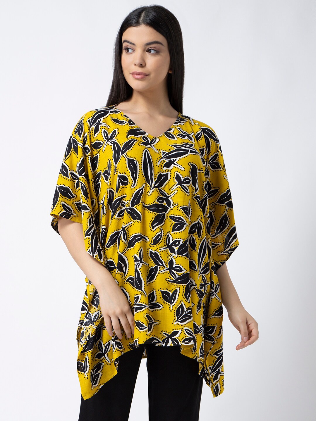 

ADORENITE Yellow Floral Print Kaftan Top