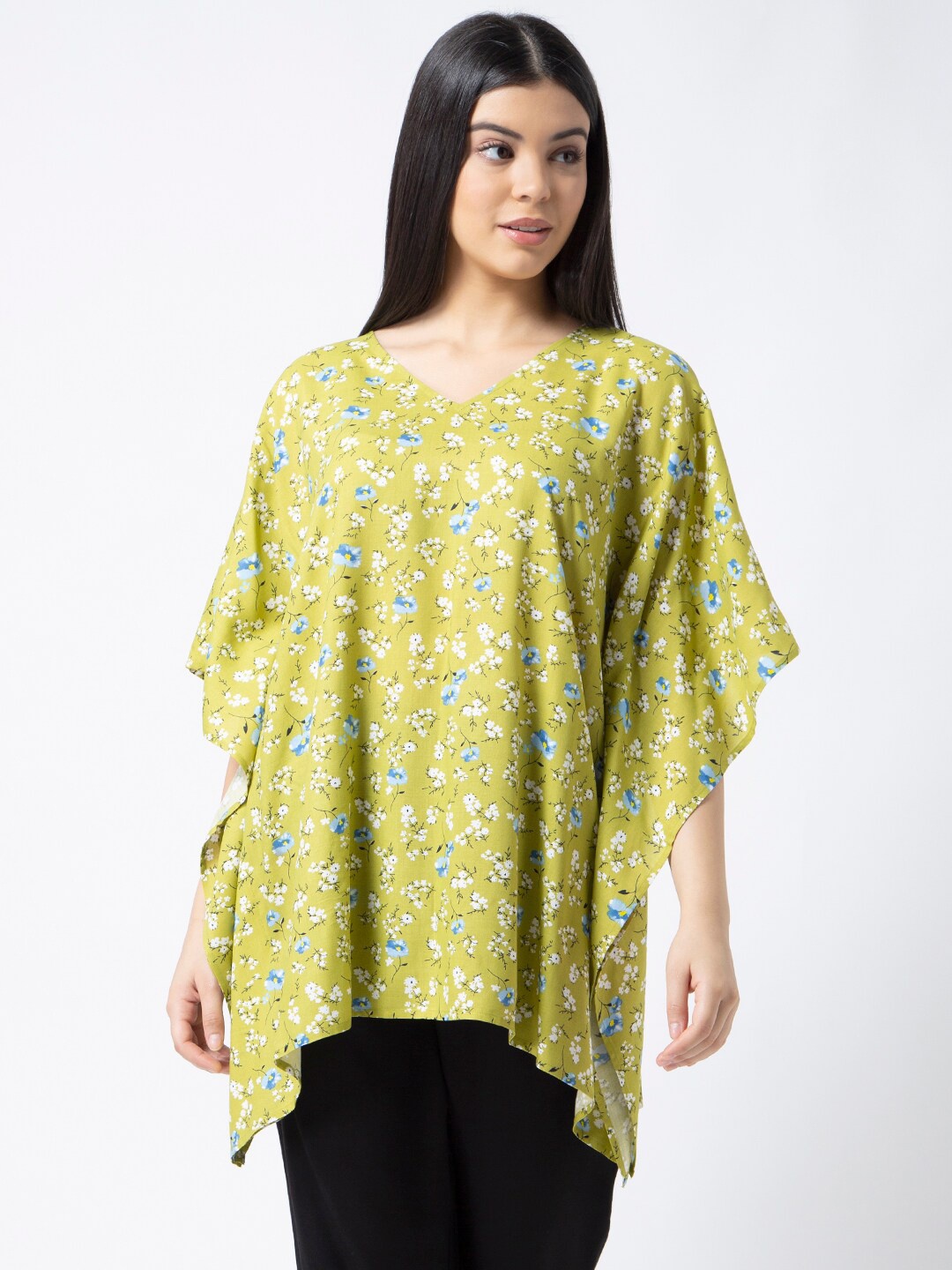 

ADORENITE Green Floral Print Kaftan Longline Top