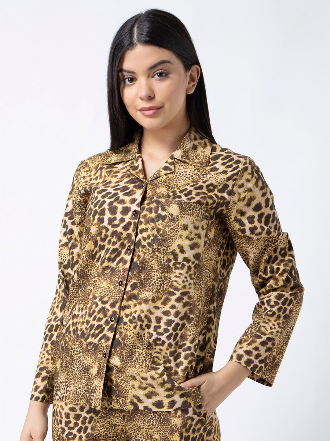 

ADORENITE Brown Animal Print Shirt Style Top