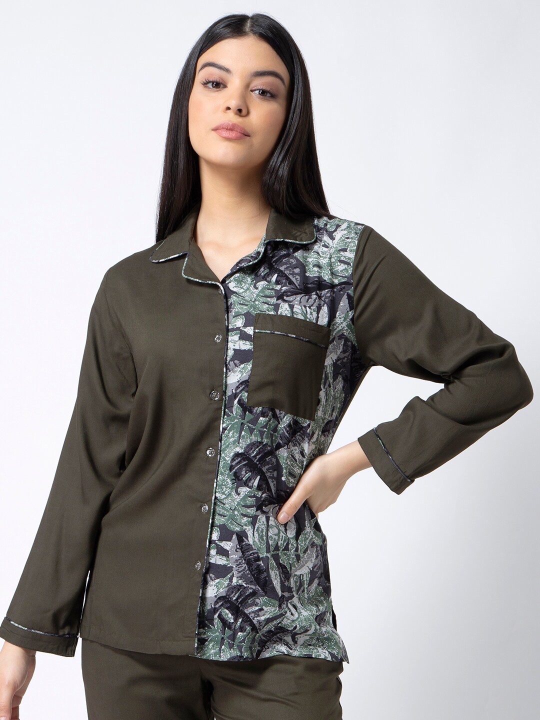 

ADORENITE Khaki Floral Print Shirt Style Top