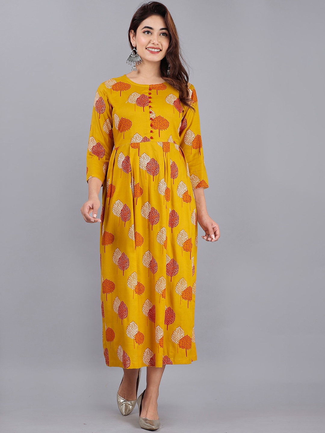 

DORIYA Women Mustard Yellow Ethnic Motifs Block Printed Anarkali Kurta