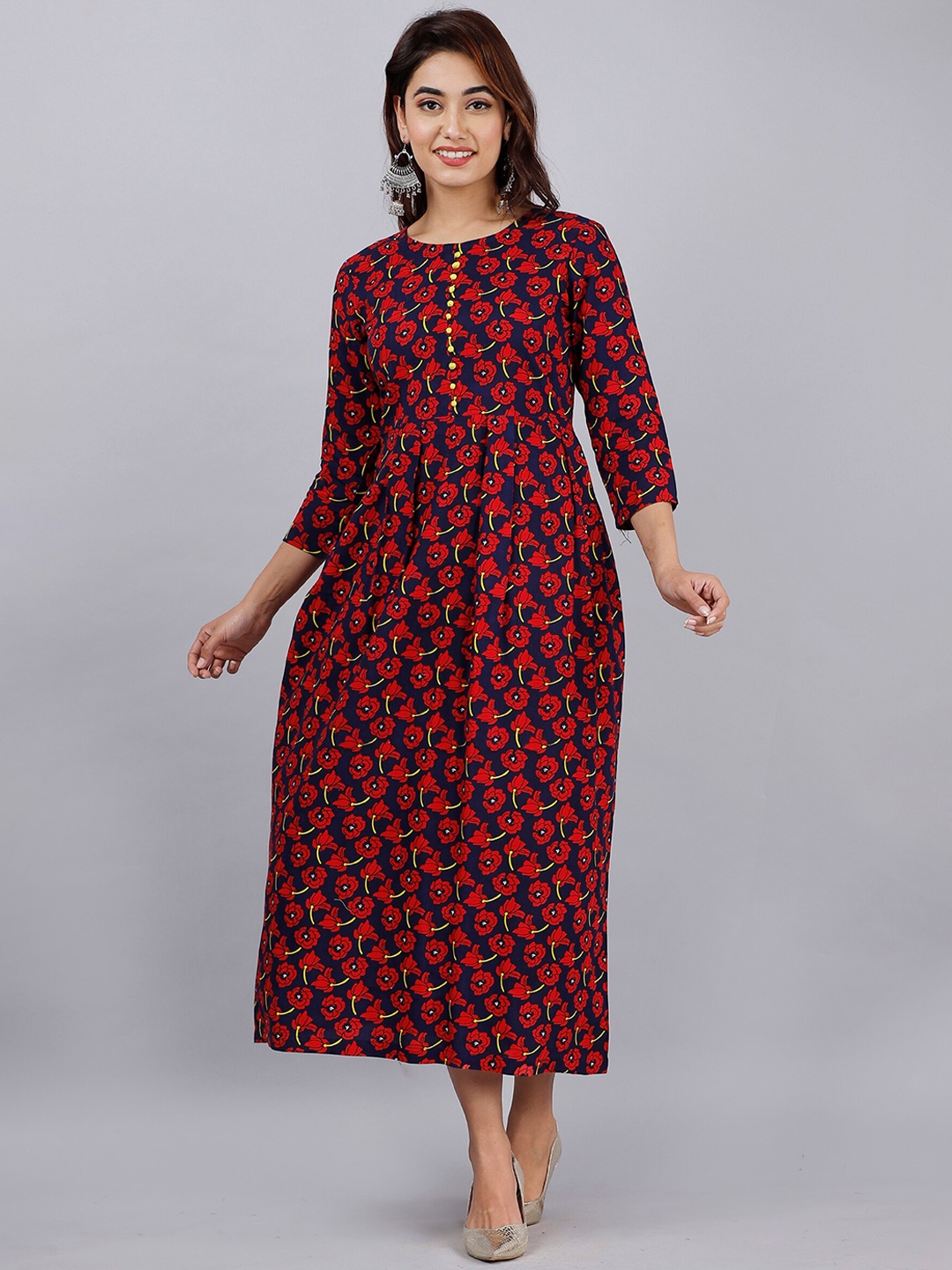 

DORIYA Women Red Geometric Printed Thread Work Floral Kurta