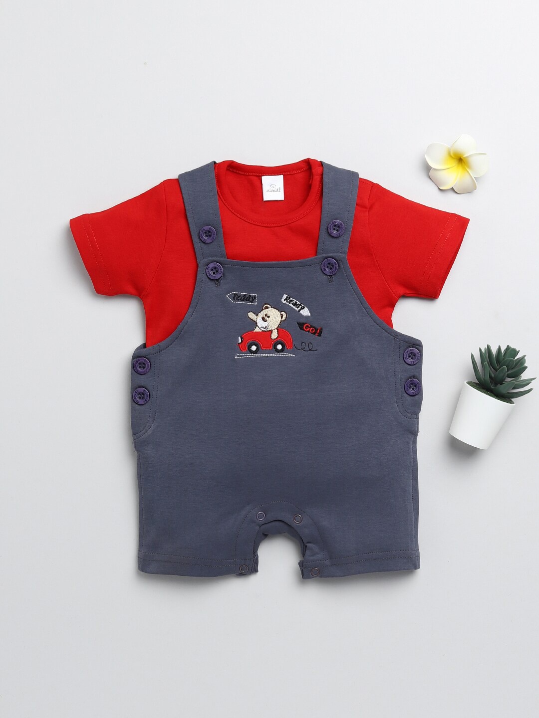 

Olio Kids Kids 2 Pieces Red & Grey Printed Cotton Rompers