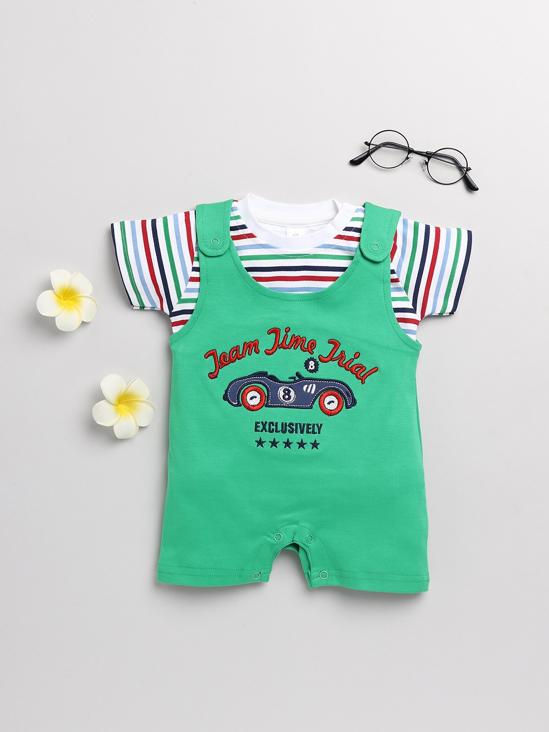 

Olio Kids Boys Green Printed Cotton Rompers