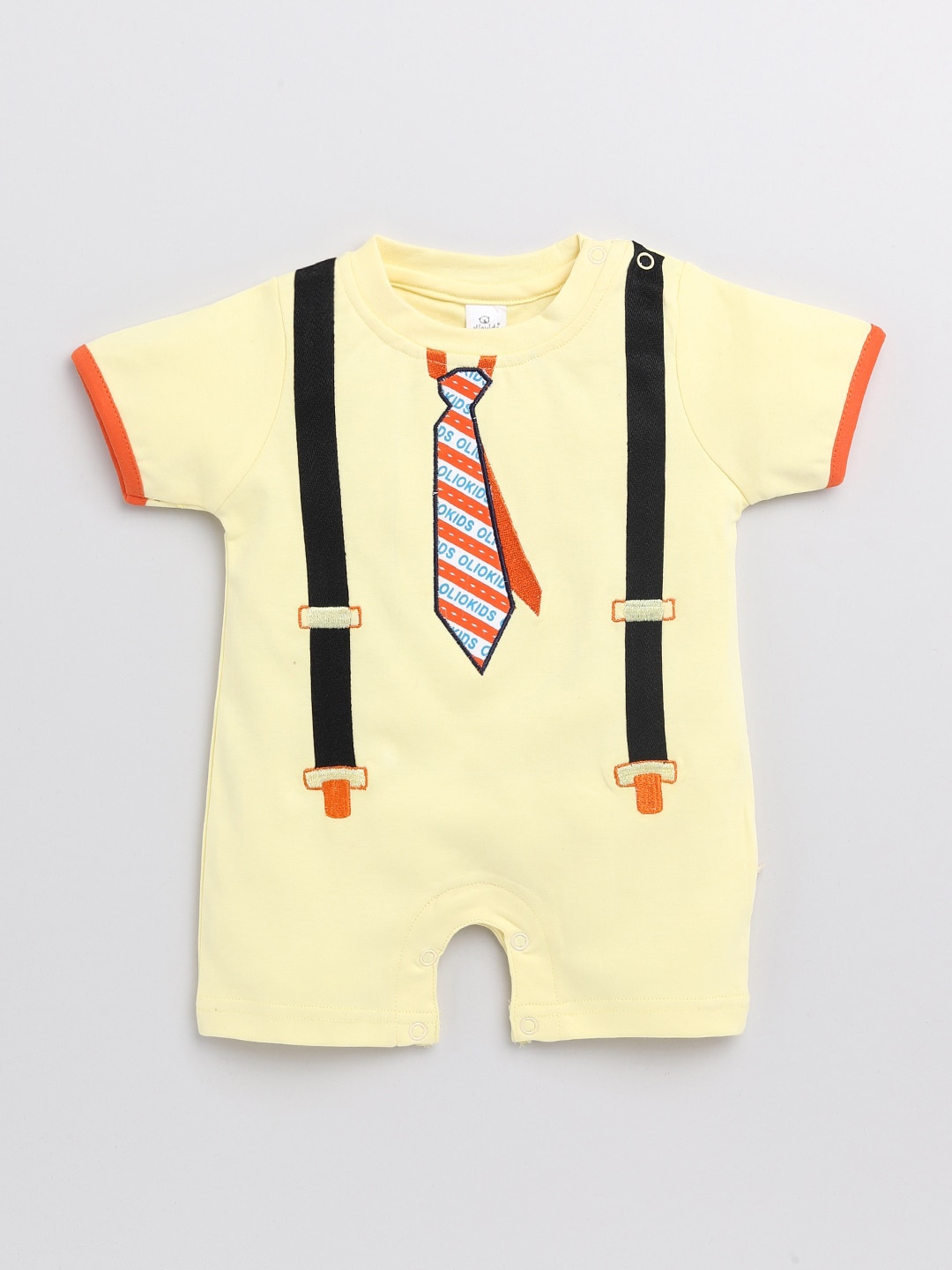 

Olio Kids Infant Boys Yellow Printed Cotton Rompers
