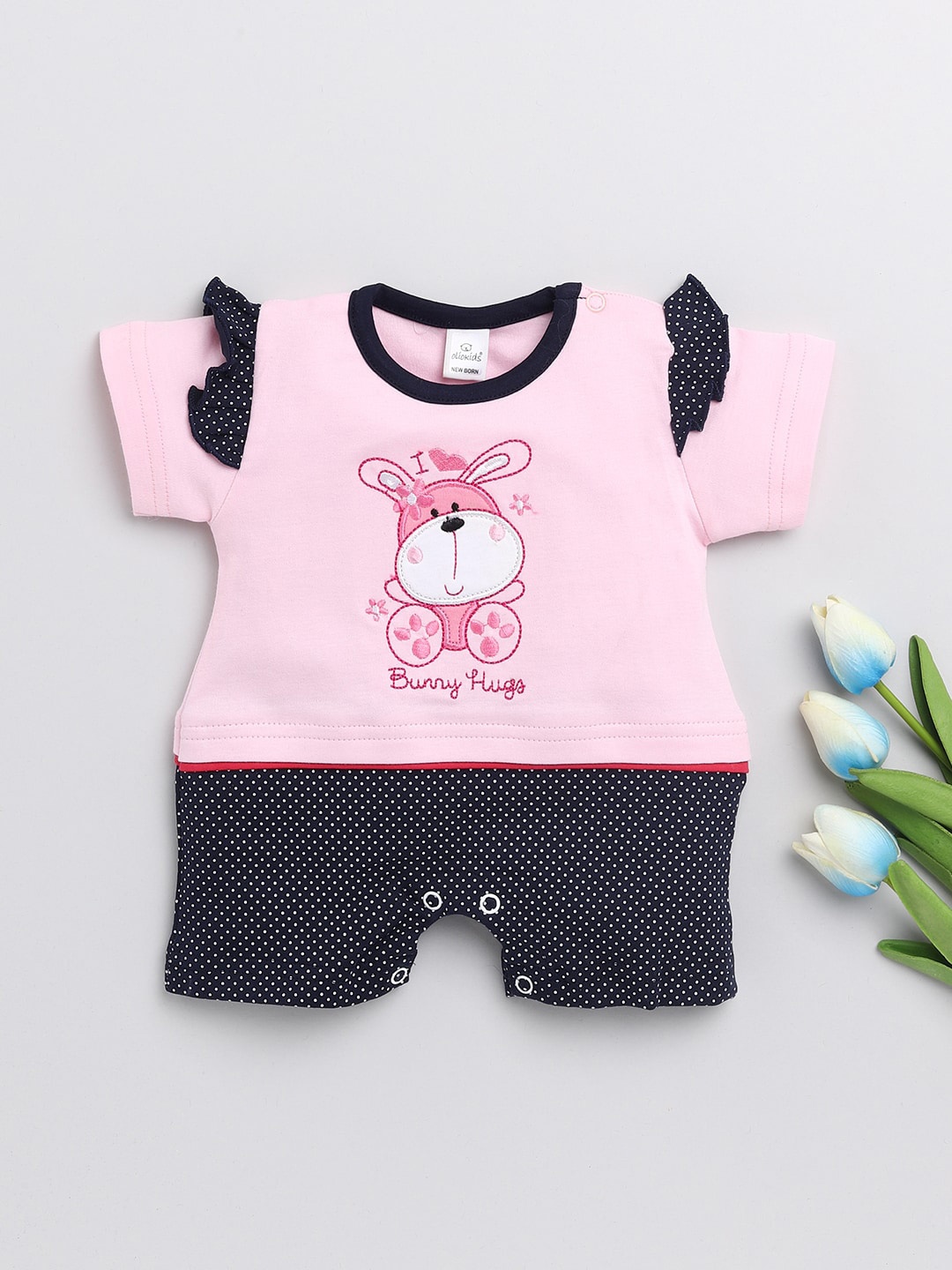 

Olio Kids Infant Kids Pink printed Cotton Rompers