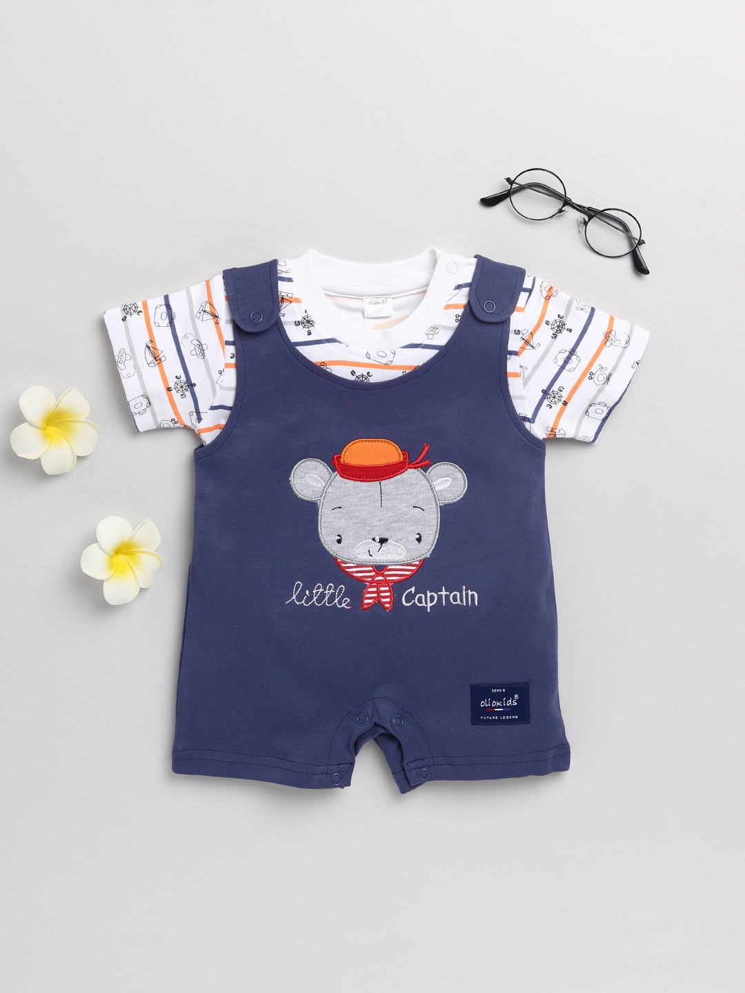 

Olio Kids Boys Blue & White Printed Cotton Rompers