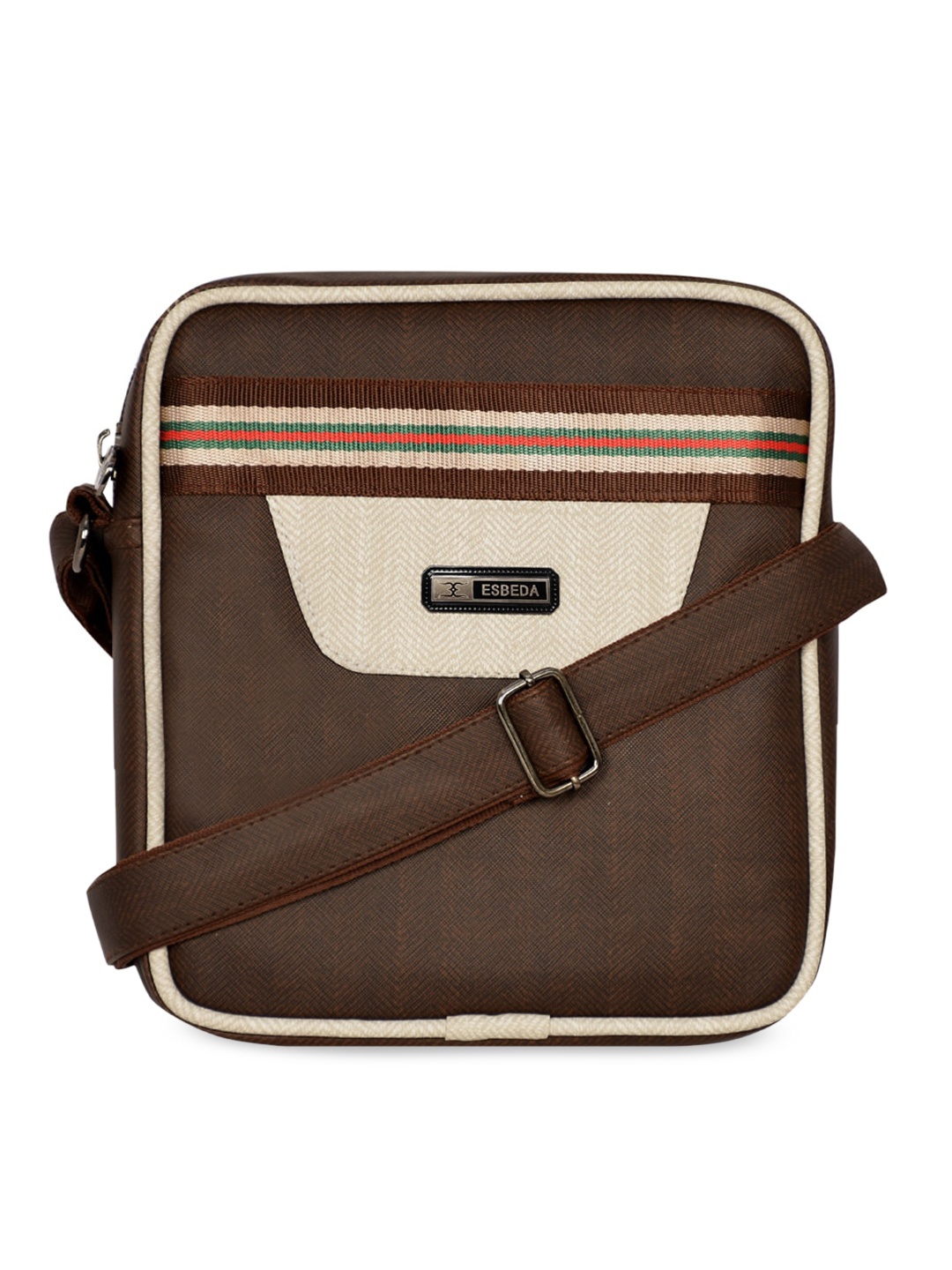 

ESBEDA Brown Colourblocked PU Structured Sling Bag with Applique