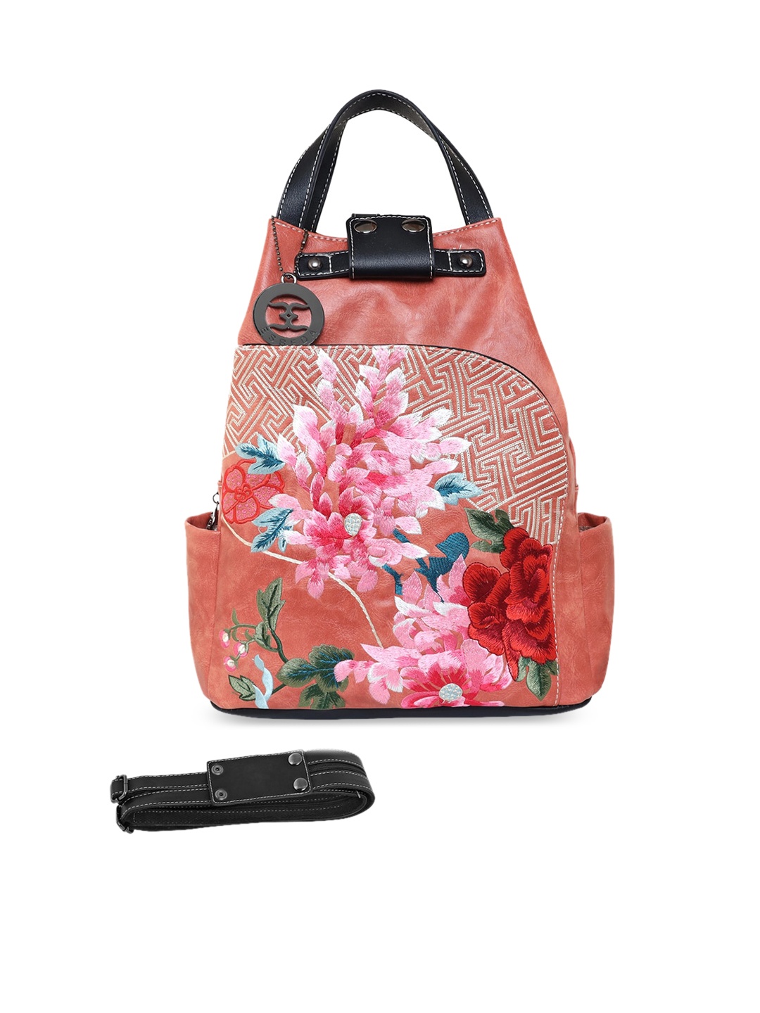 

ESBEDA Women Peach-Coloured & Blue Embroidered Floral Backpack