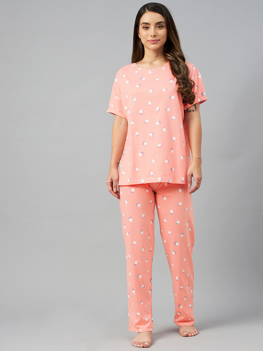 

Marks & Spencer Women Pink & White Pure Cotton Printed Pyjama Set