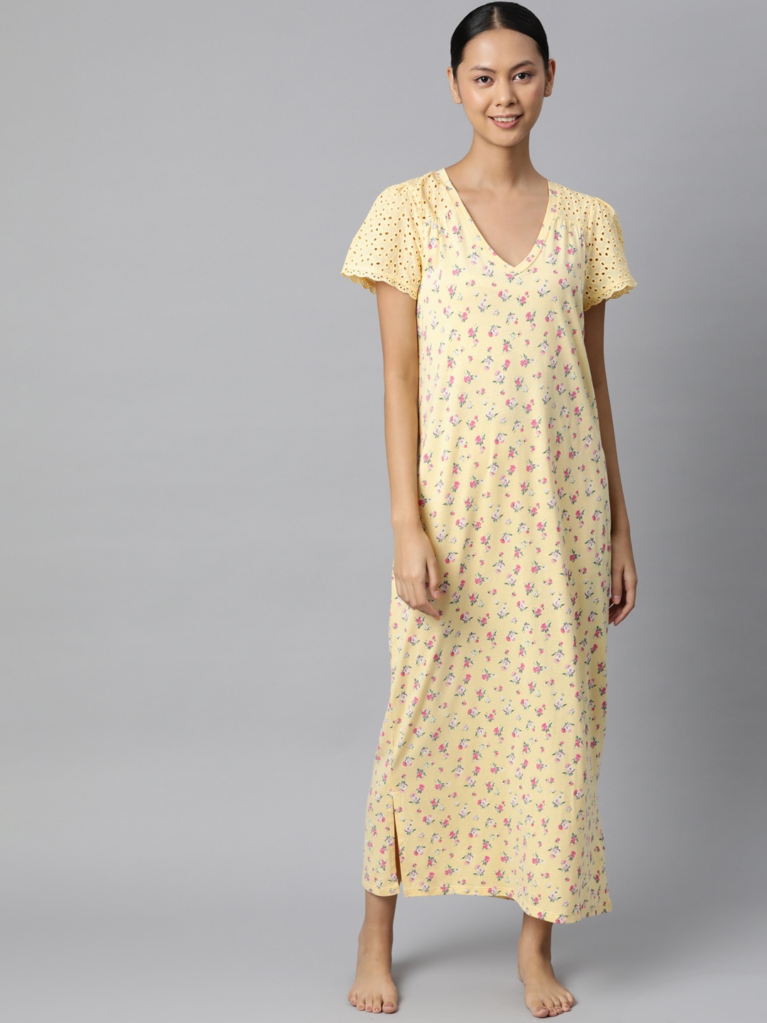 

Marks & Spencer Yellow & Pink Floral Printed Schiffli Detail Maxi Nightdress