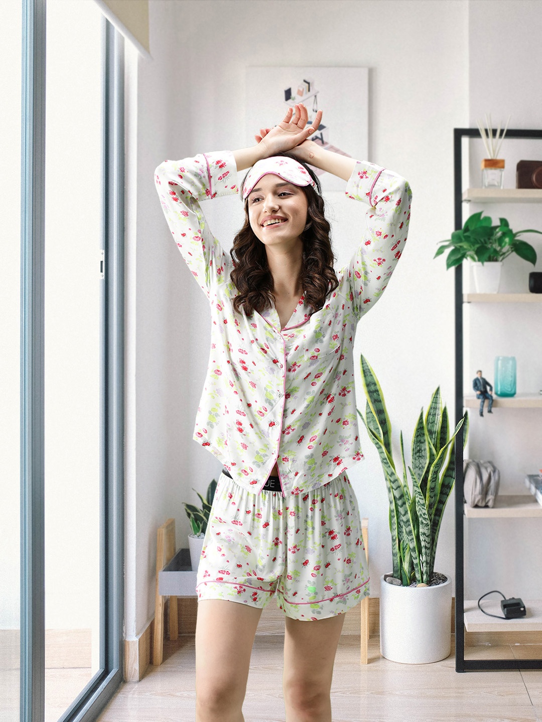 

Marks & Spencer Women Off White & Pink Printed Shorts Set with Eye Mask