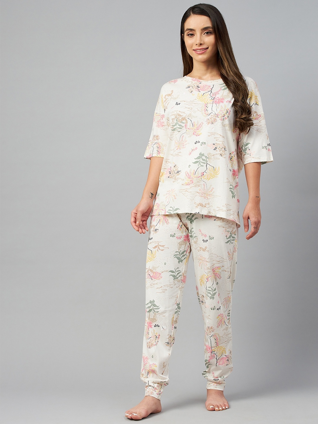 

Marks & Spencer Women Off White & Beige Pure Cotton Printed Pyjama Set