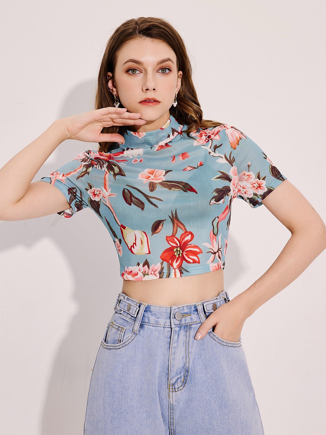 

URBANIC Women Blue Printed Extended Sleeves Applique T-shirt