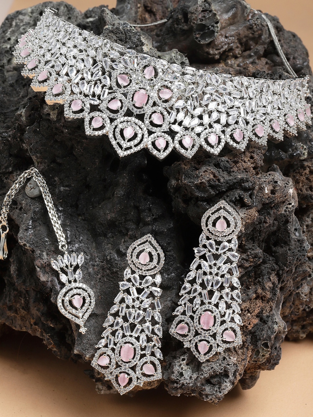 

KARATCART Silver-Plated American Diamond Studded Pink Choker Jewellery Set