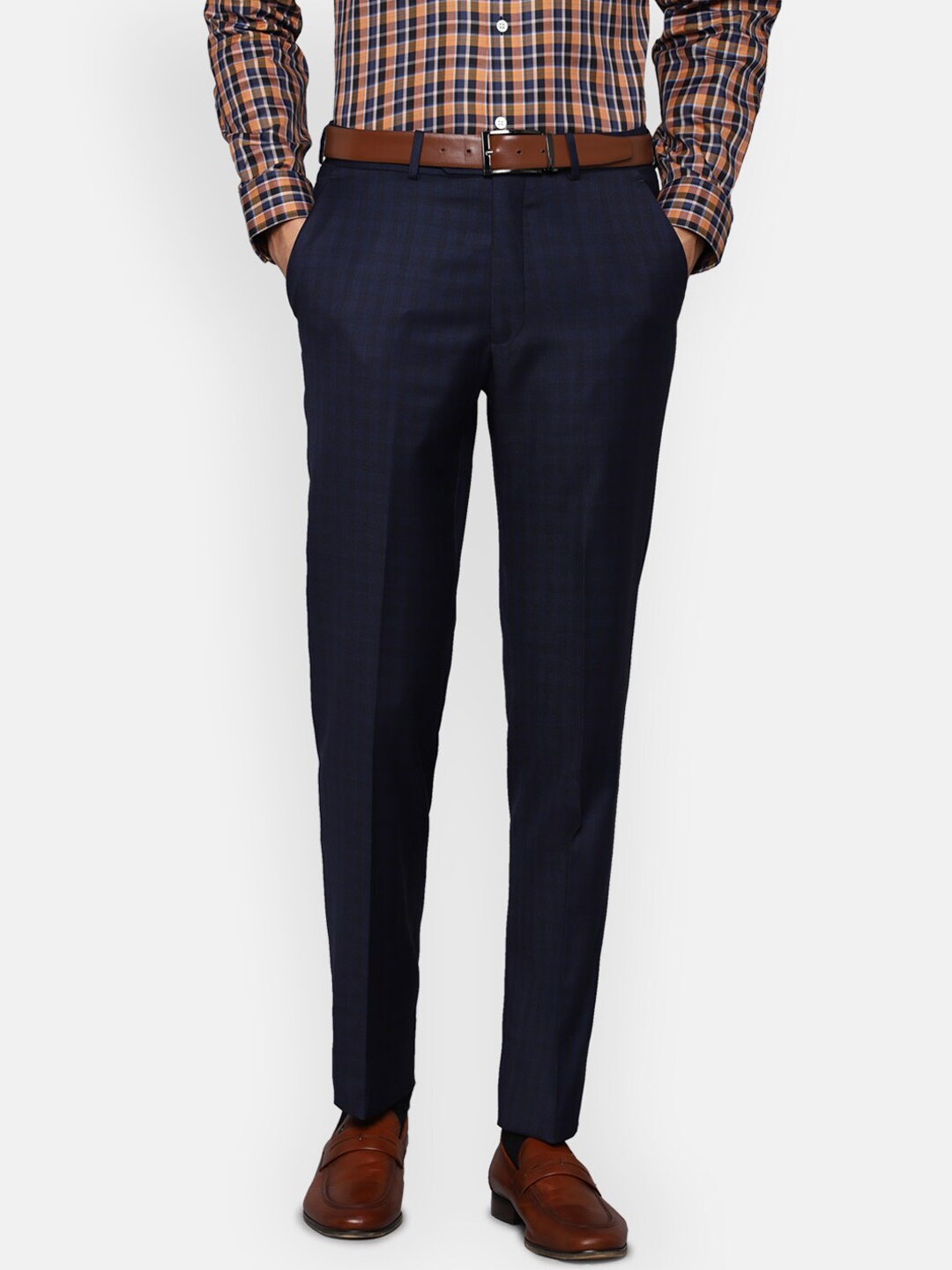 

Luxure by Louis Philippe Men Navy Blue Checked Slim Fit Trousers
