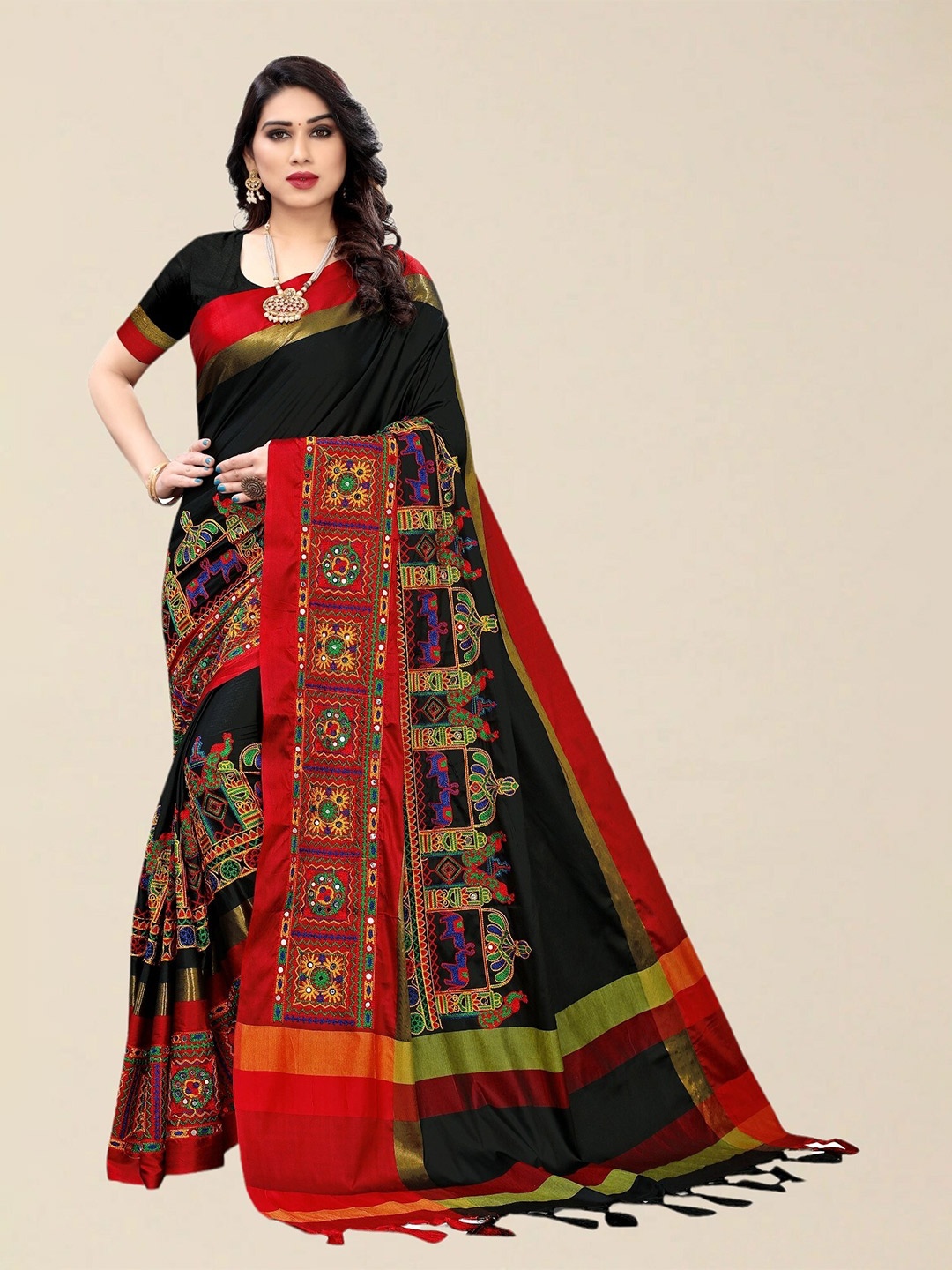 

SERONA FABRICS Black & Red Embellished Kutchi Embroidery Silk Cotton Saree