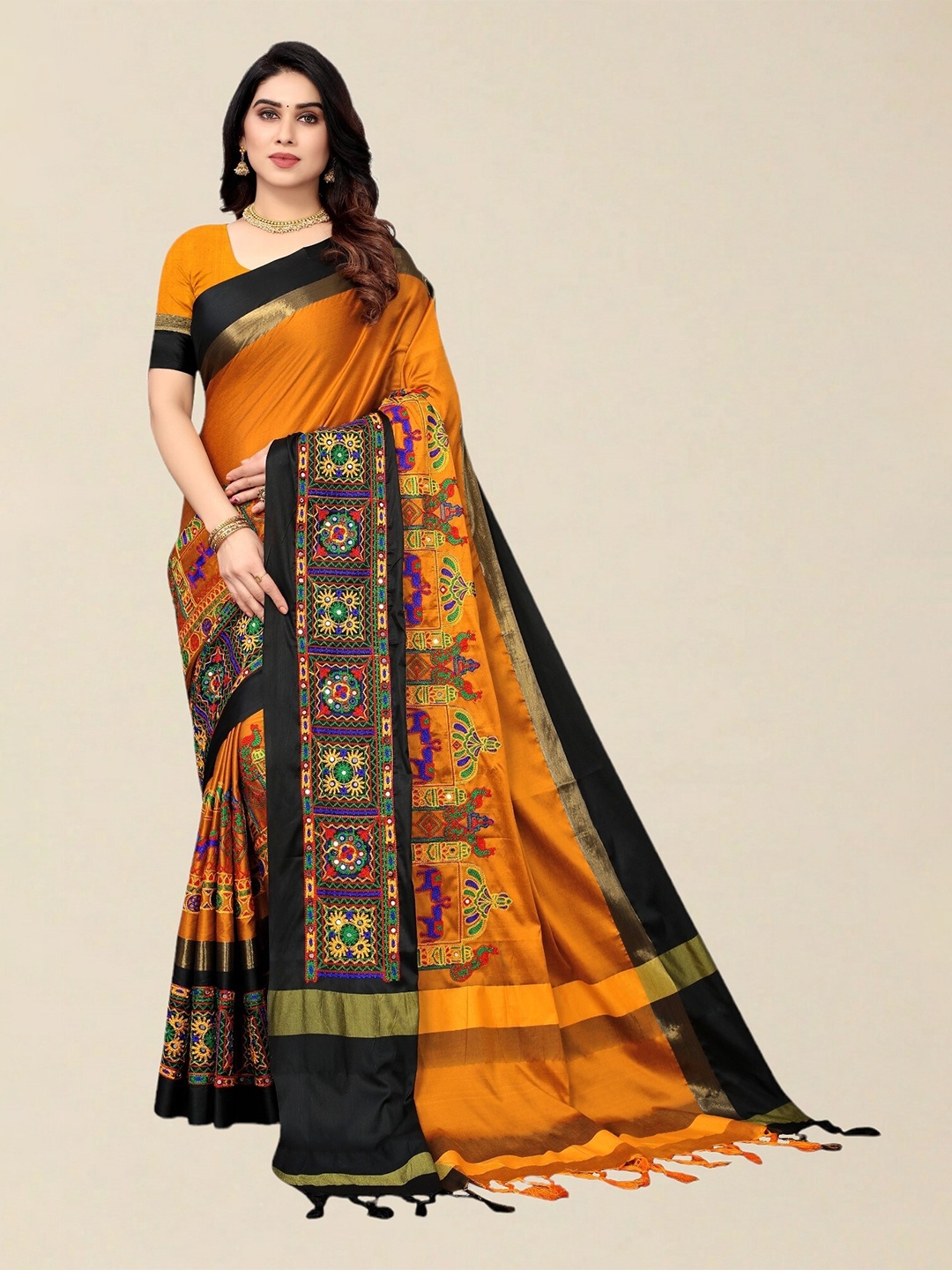 

SERONA FABRICS Mustard & Black Embellished Kutchi Embroidery Silk Cotton Saree