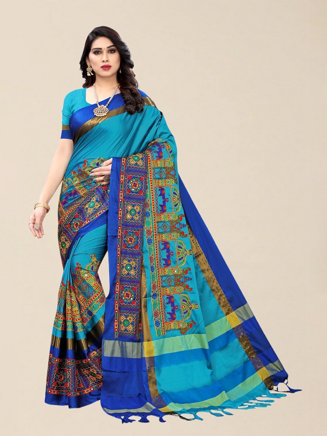 

SERONA FABRICS Turquoise Blue & Yellow Ethnic Motifs Kutchi Embroidery Silk Cotton Saree