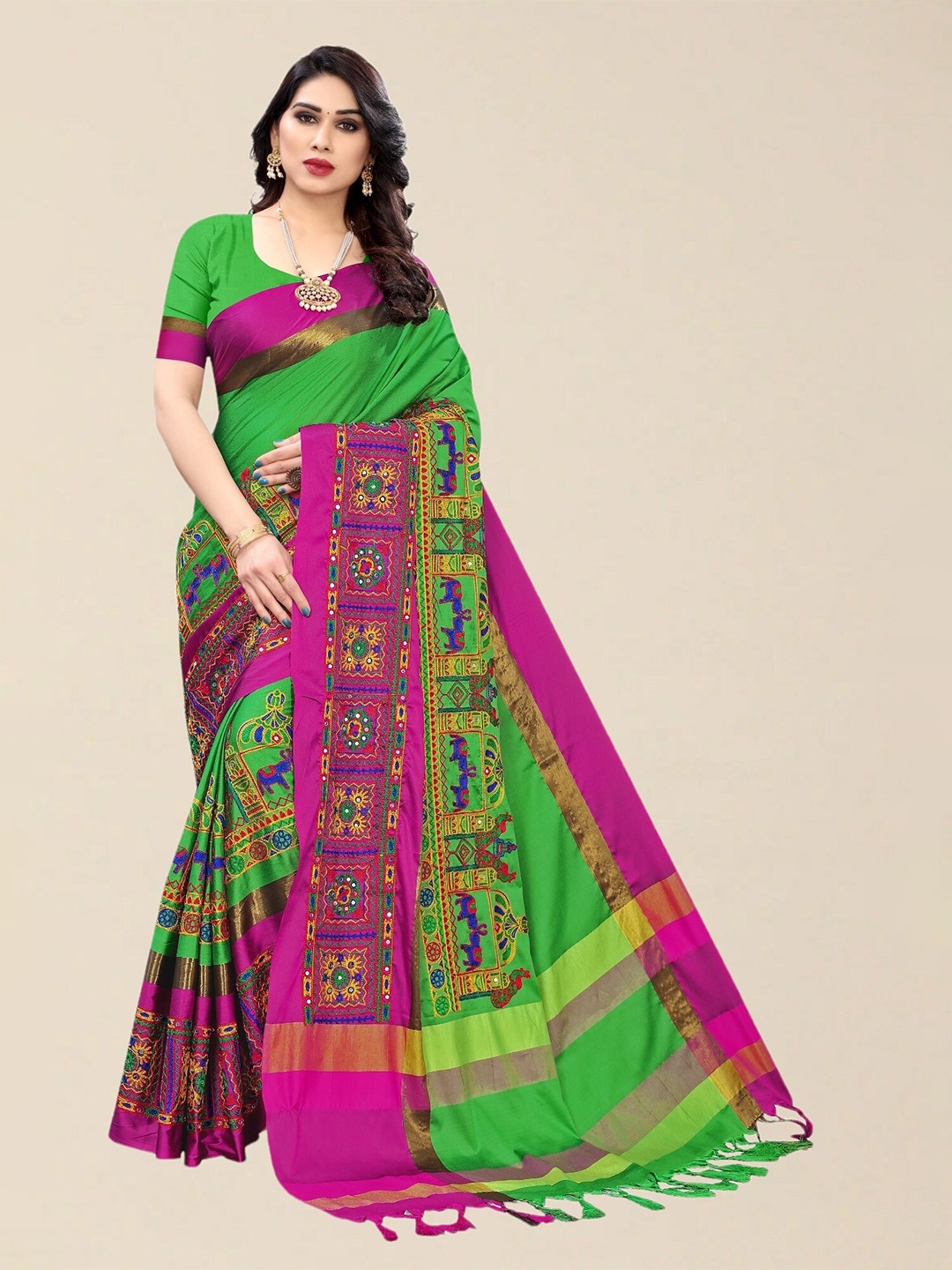 

SERONA FABRICS Green & Pink Ethnic Motifs Kutchi Embroidery Silk Cotton Saree