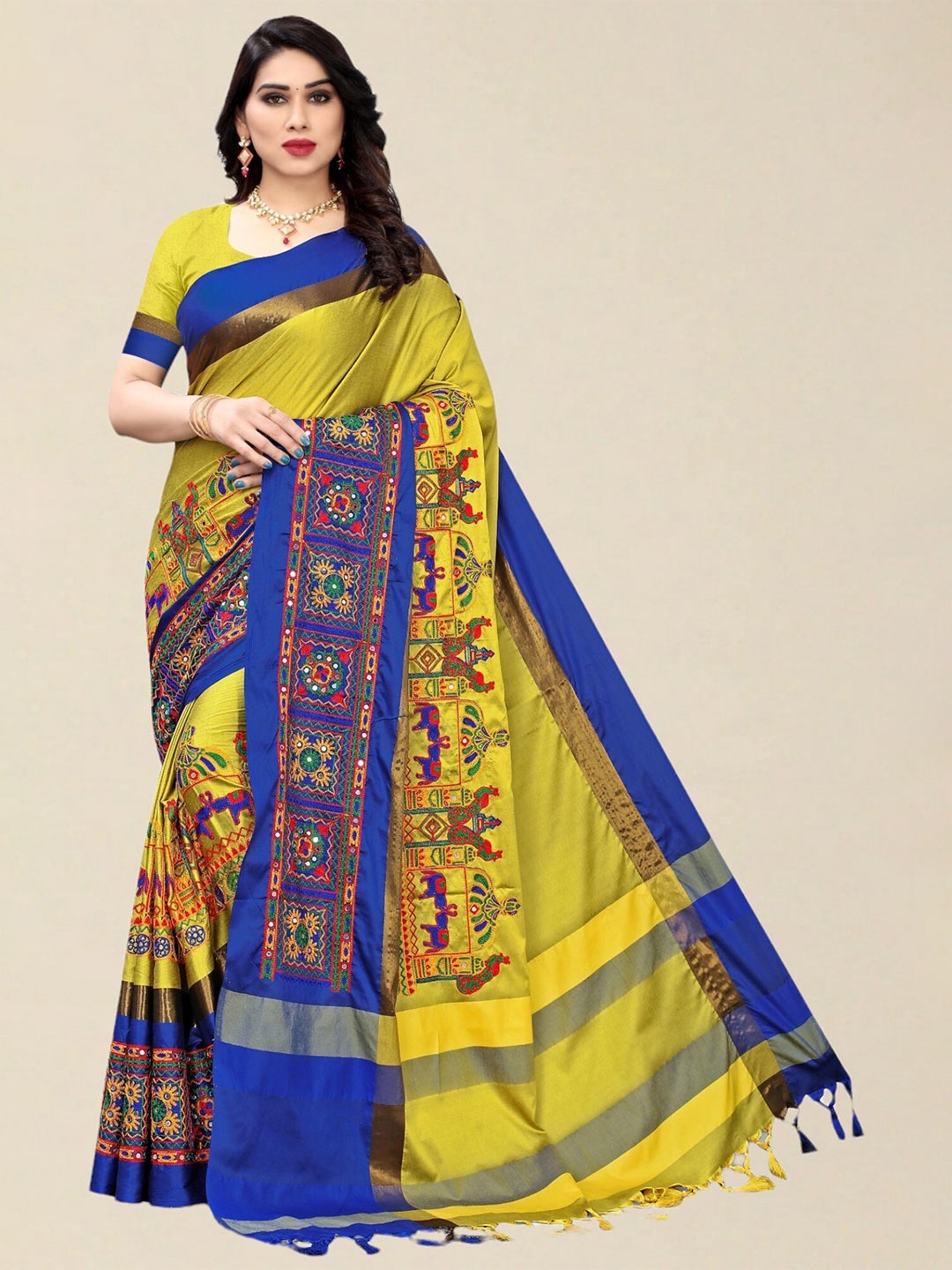 

SERONA FABRICS Yellow & Blue Ethnic Motifs Kutchi Embroidery Silk Cotton Saree