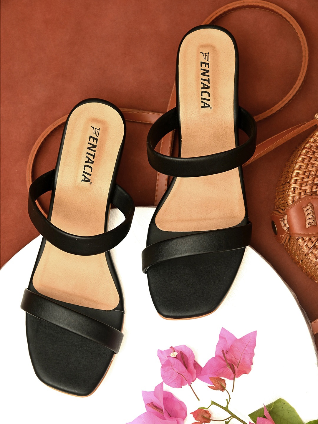

Fentacia Black & Beige Printed Block Sandals with Bows