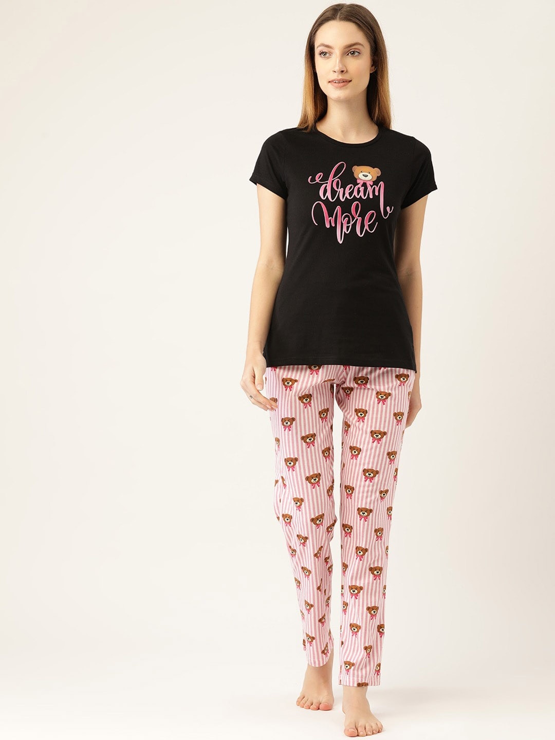 

Sweet Dreams Women Black & Pink Printed Pure Cotton Night suit