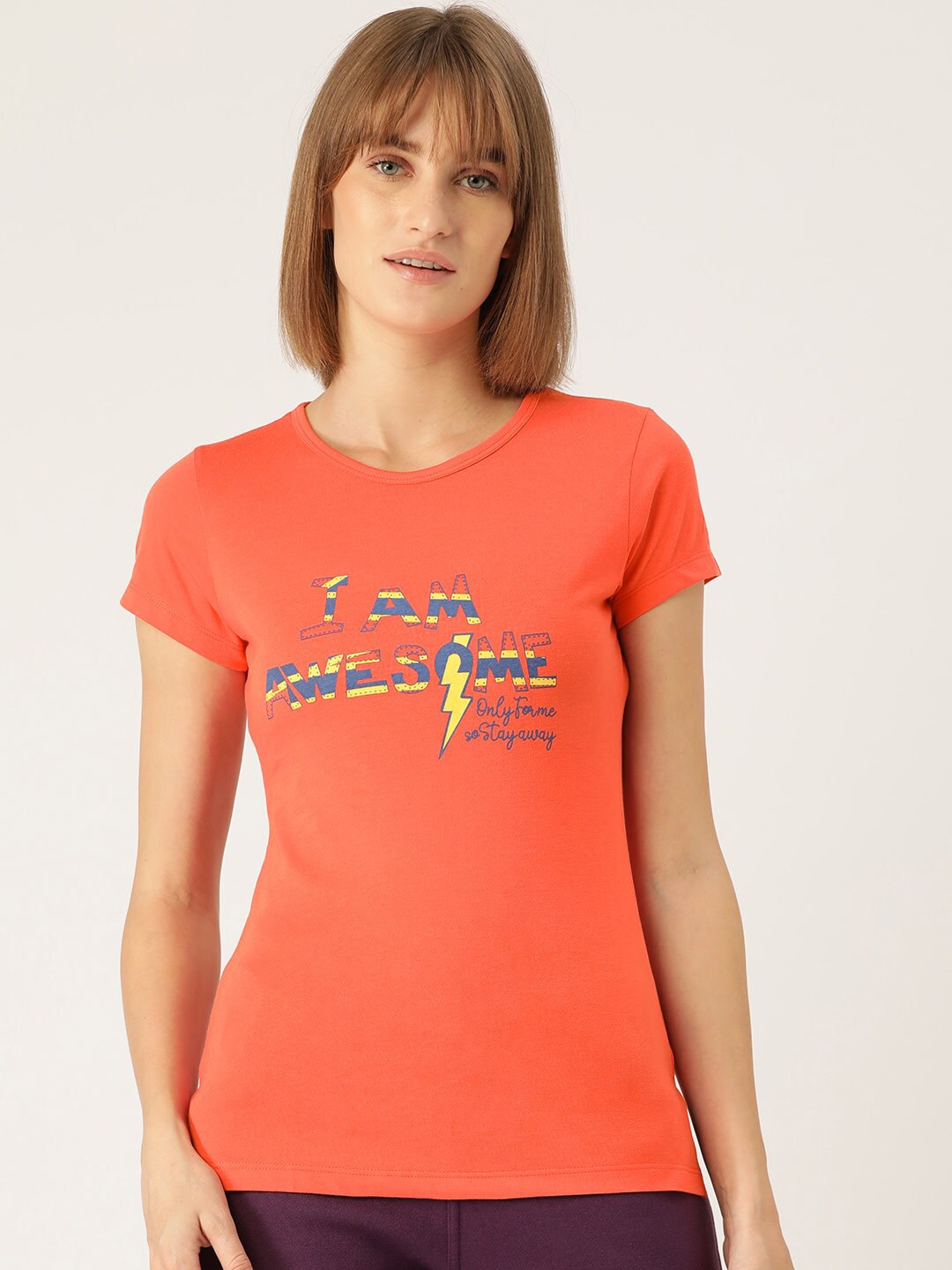 

Sweet Dreams Women Coral Orange Printed Cotton Lounge T-shirts F-LLT-510A CORAL