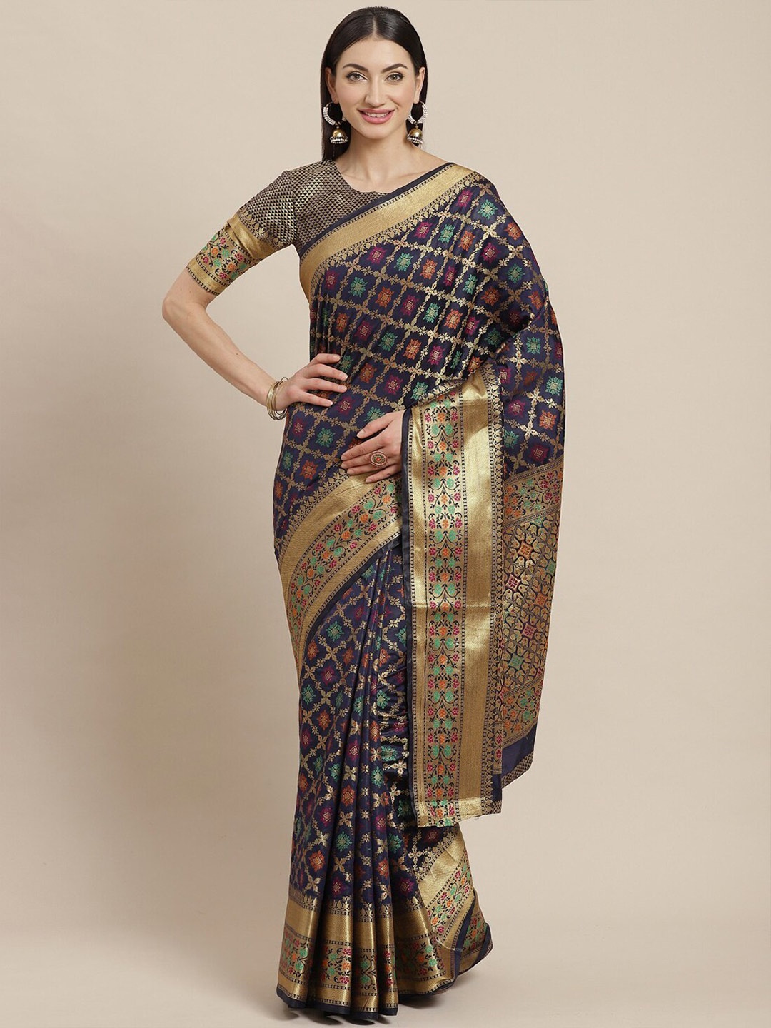 

GAJARAI Blue & Green Woven Design Zari Silk Blend Banarasi Saree