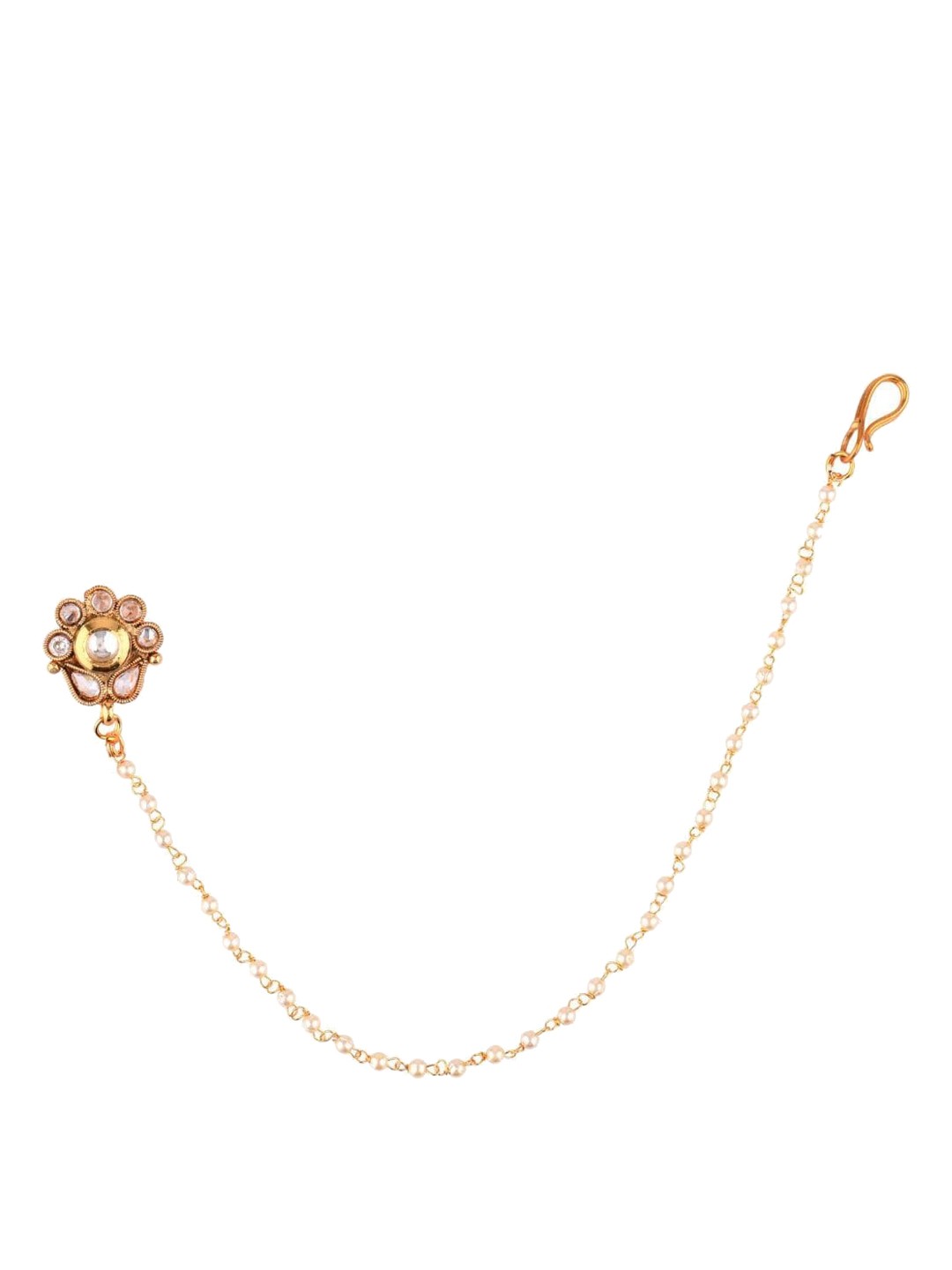 

Efulgenz Gold Plated White Crystal Studded & Beaded Clip-On Vilandi Nose Pin
