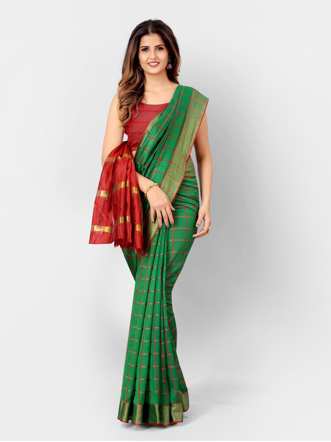 

KALINI Green & Red Checked Zari Silk Cotton Saree