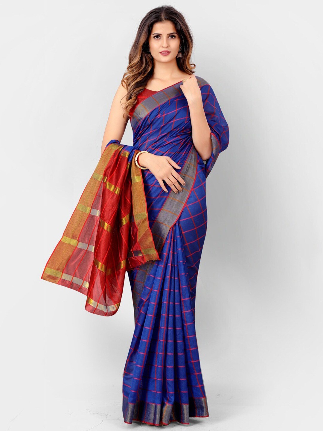 

KALINI Blue & Red Checked Zari Silk Cotton Saree