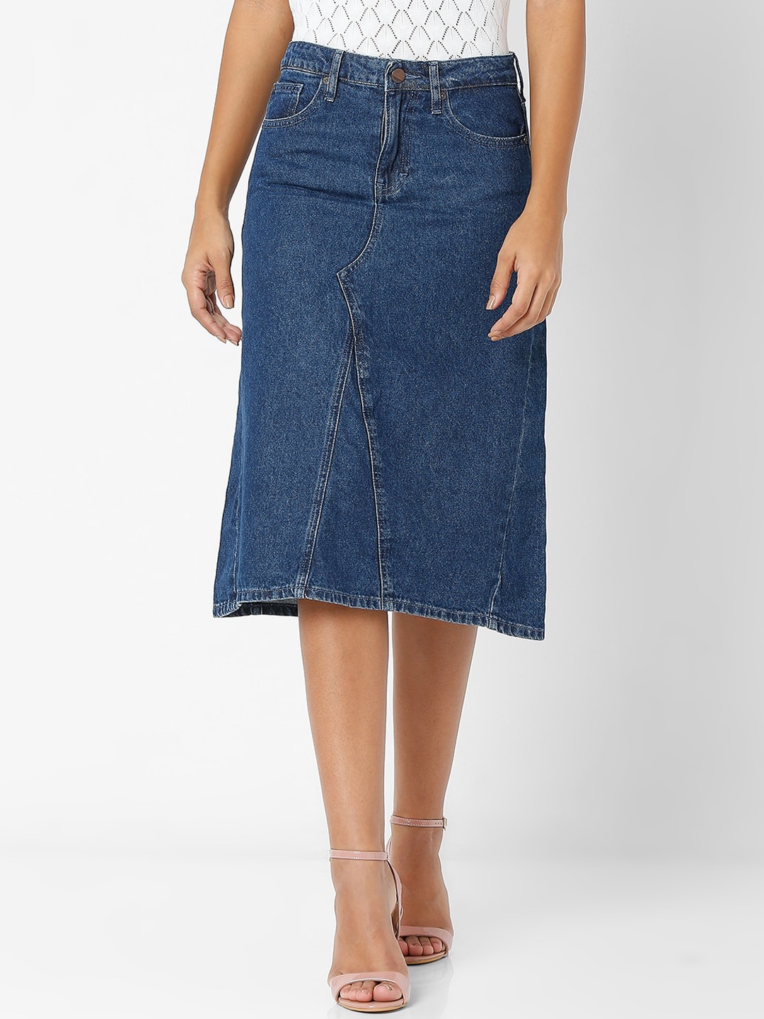 

SPYKAR Women Blue Solid Slim-Fit Straight Knee-Length Denim Skirt